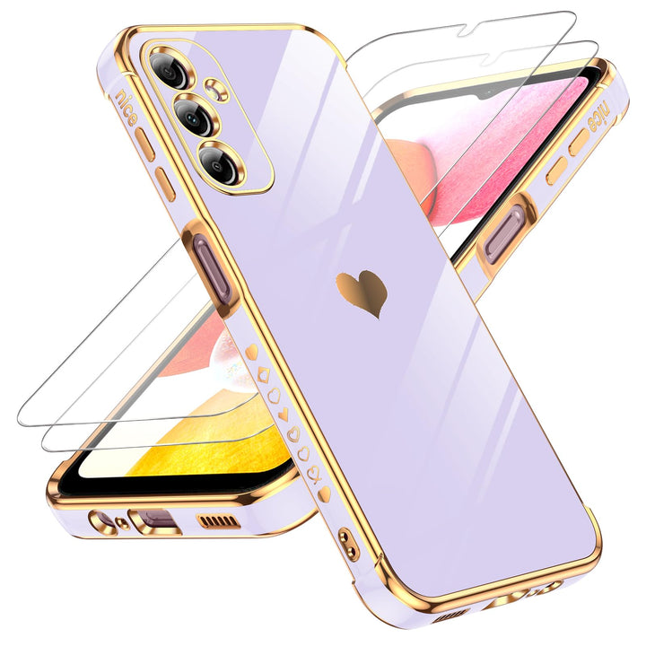 LeYi for Samsung Galaxy A15 5G Case: with Tempered Glass Screen Protector [2 Pcs]+ Full Camera Lens Protection,Love Heart Plating Girly Cute Luxury Shockproof Case, Cute Present for Mom, Dark Purple - DOKUTRONIX