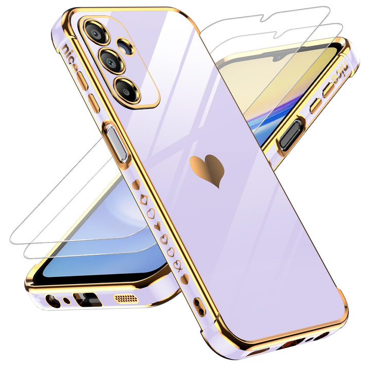 LeYi for Samsung Galaxy A15 5G Case: with Tempered Glass Screen Protector [2 Pcs]+ Full Camera Lens Protection,Love Heart Plating Girly Cute Luxury Shockproof Case, Cute Present for Mom, Dark Purple - DOKUTRONIX