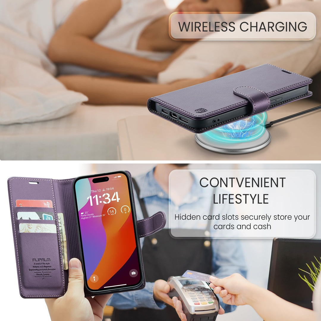 iPhone 16 Pro RFID Wallet Case - Purple Flip Cover