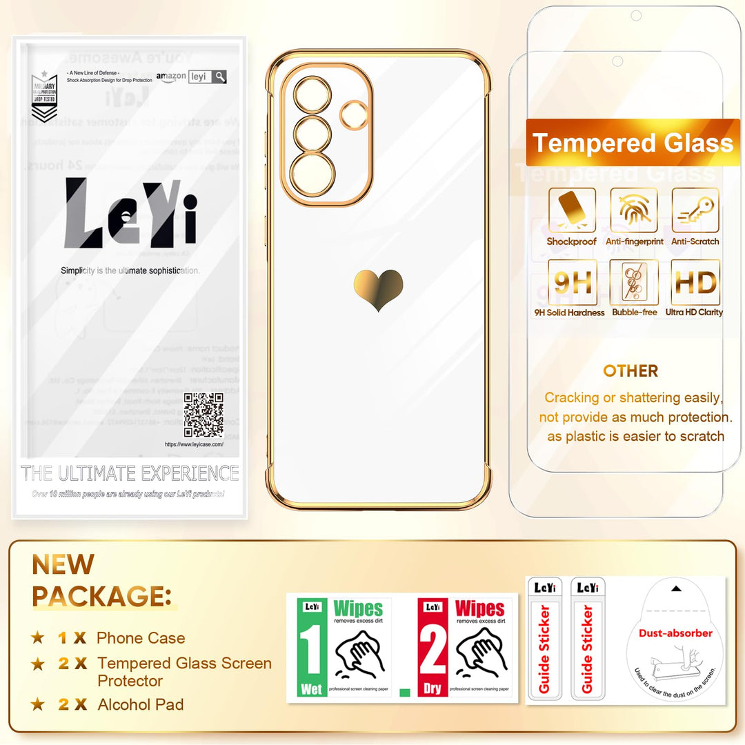 LeYi for Samsung Galaxy A15 5G Case: with Tempered Glass Screen Protector [2 Pcs]+ Full Camera Lens Protection,Love Heart Plating Girly Cute Luxury Shockproof Case, Cute Present for Mom, Dark Purple - DOKUTRONIX