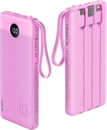 Dokutronix Portable Charger with Built in Cables 10000mAh- Rose Red