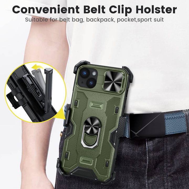 Caka iPhone 14 Plus Case – Belt-Clip Holster, Slide Camera Cover & 360° Stand (Green)