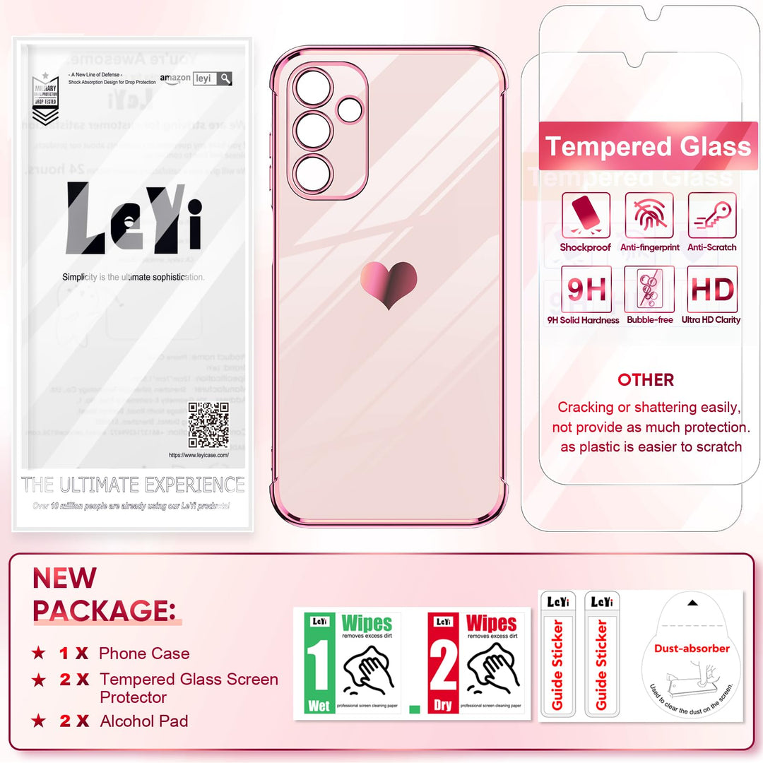 LeYi for Samsung Galaxy A15 5G Case: with Tempered Glass Screen Protector [2 Pcs]+ Full Camera Lens Protection,Love Heart Plating Girly Cute Luxury Shockproof Case, Cute Present for Mom, Dark Purple - DOKUTRONIX