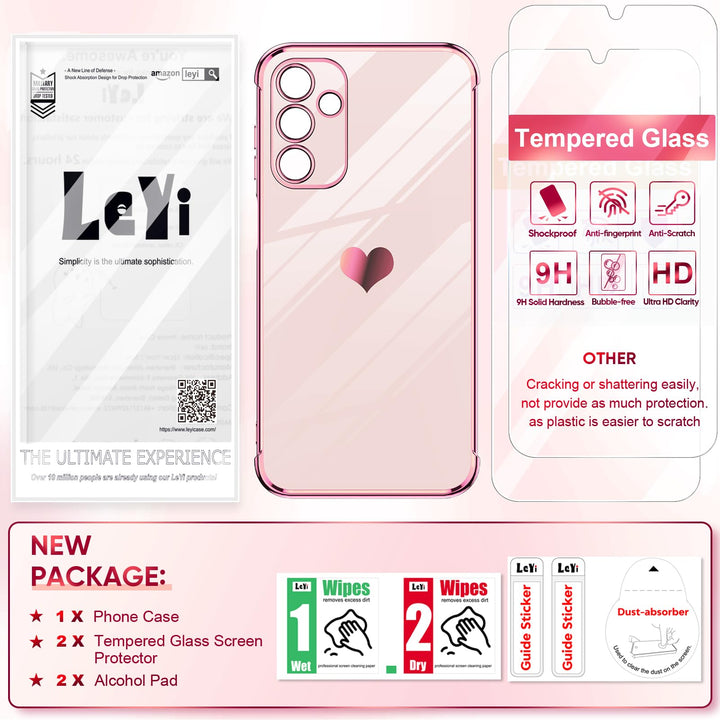 LeYi for Samsung Galaxy A15 5G Case: with Tempered Glass Screen Protector [2 Pcs]+ Full Camera Lens Protection,Love Heart Plating Girly Cute Luxury Shockproof Case, Cute Present for Mom, Dark Purple - DOKUTRONIX