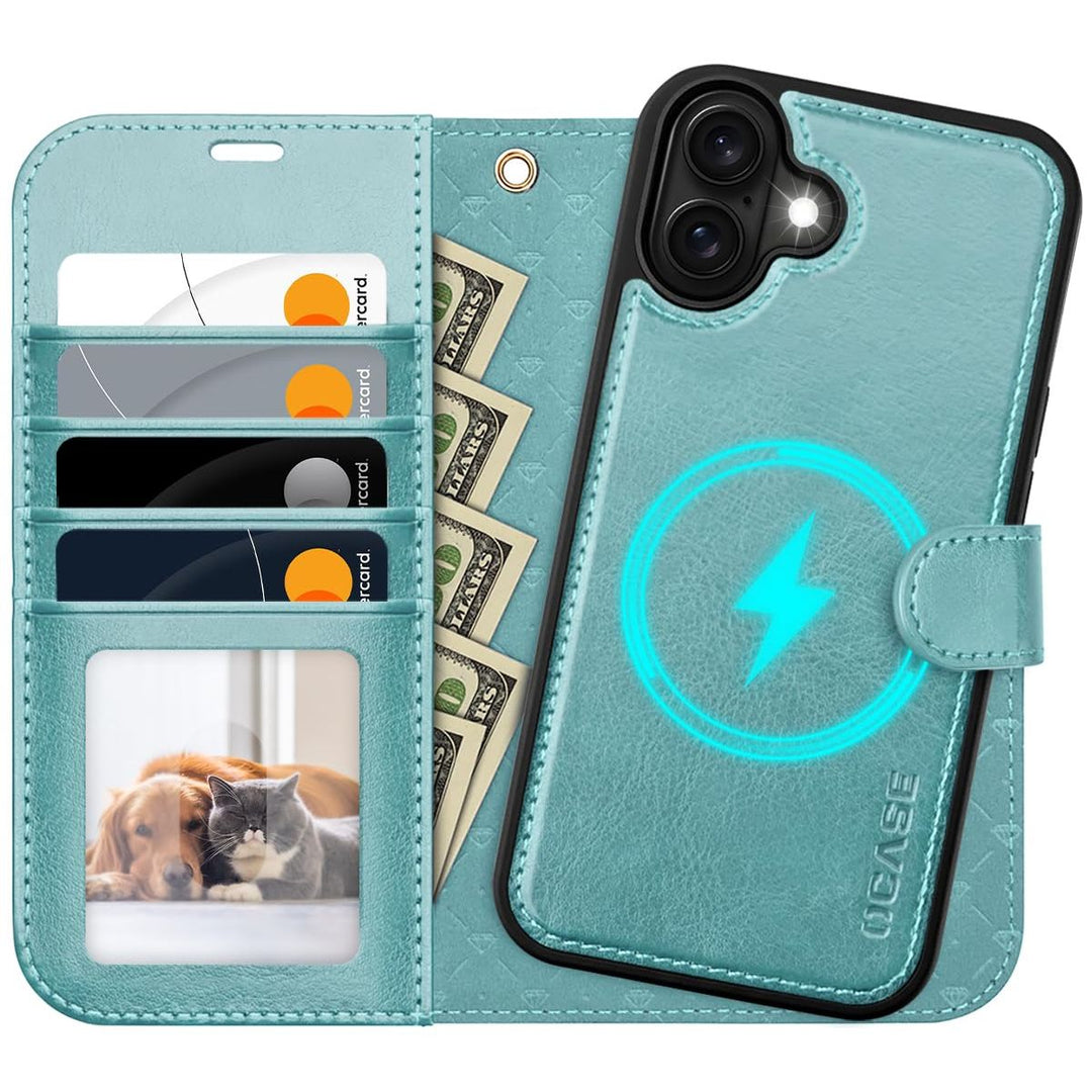 OCASE iPhone 16 Pro Detachable Wallet Case – PU Leather, RFID Blocking (Ice Blue)