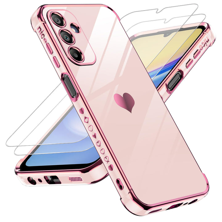 LeYi for Samsung Galaxy A15 5G Case: with Tempered Glass Screen Protector [2 Pcs]+ Full Camera Lens Protection,Love Heart Plating Girly Cute Luxury Shockproof Case, Cute Present for Mom, Dark Purple - DOKUTRONIX