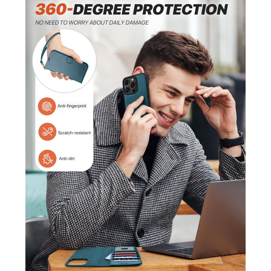 OCASE iPhone 16 Pro Detachable Wallet Case – PU Leather, RFID Blocking (Ice Blue)