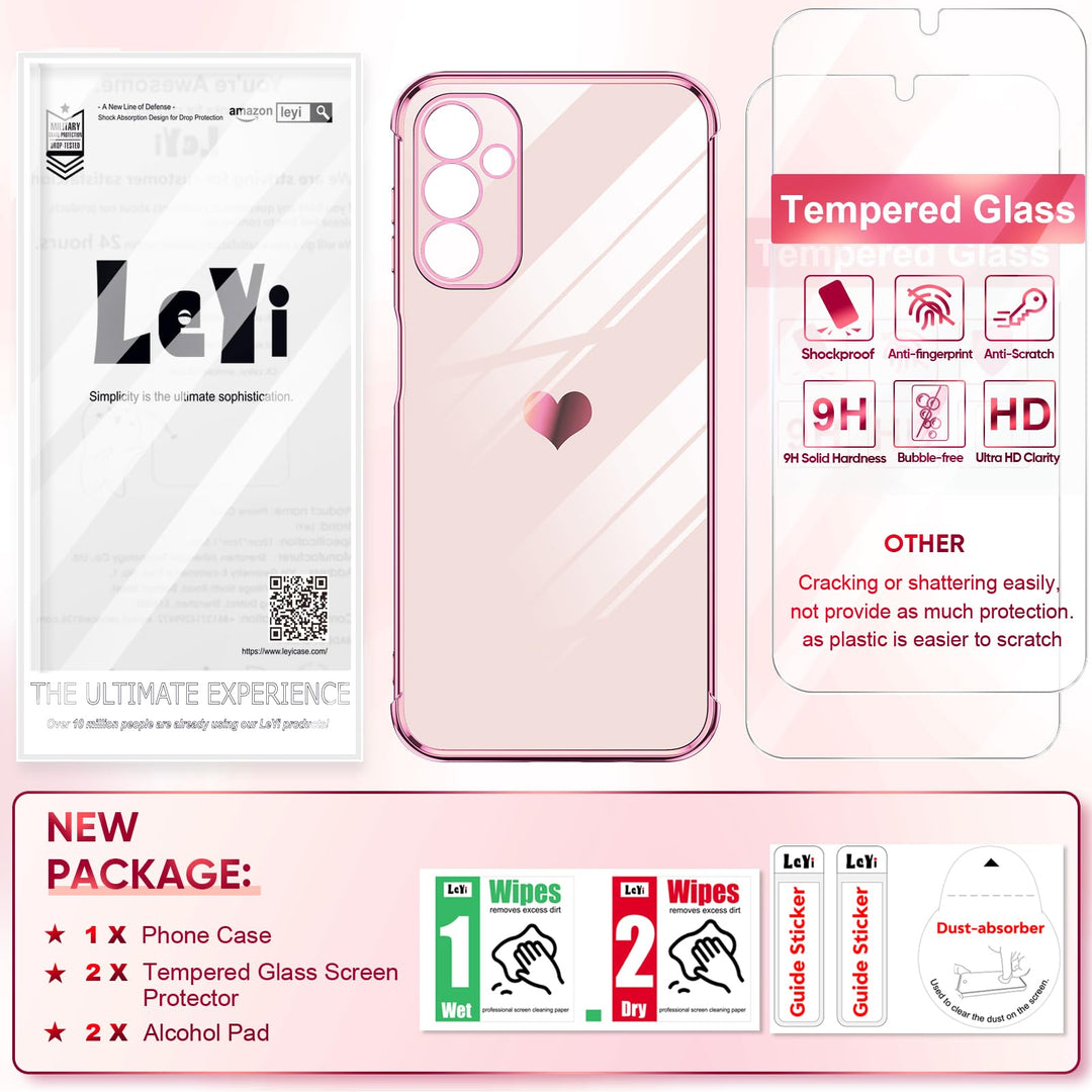 LeYi for Samsung Galaxy A15 5G Case: with Tempered Glass Screen Protector [2 Pcs]+ Full Camera Lens Protection,Love Heart Plating Girly Cute Luxury Shockproof Case, Cute Present for Mom, Dark Purple - DOKUTRONIX