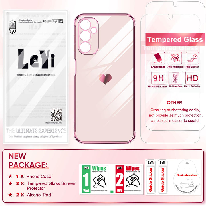 LeYi for Samsung Galaxy A15 5G Case: with Tempered Glass Screen Protector [2 Pcs]+ Full Camera Lens Protection,Love Heart Plating Girly Cute Luxury Shockproof Case, Cute Present for Mom, Dark Purple - DOKUTRONIX