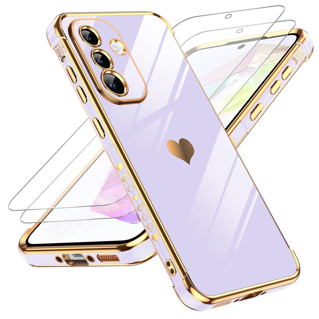 LeYi for Samsung Galaxy A15 5G Case: with Tempered Glass Screen Protector [2 Pcs]+ Full Camera Lens Protection,Love Heart Plating Girly Cute Luxury Shockproof Case, Cute Present for Mom, Dark Purple - DOKUTRONIX