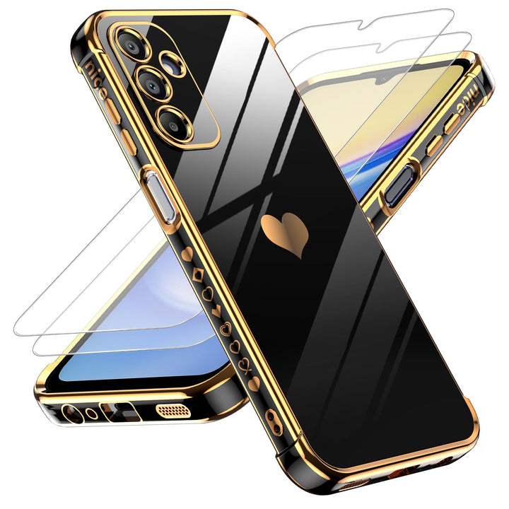 LeYi for Samsung Galaxy A15 5G Case: with Tempered Glass Screen Protector [2 Pcs]+ Full Camera Lens Protection,Love Heart Plating Girly Cute Luxury Shockproof Case, Cute Present for Mom, Dark Purple - DOKUTRONIX