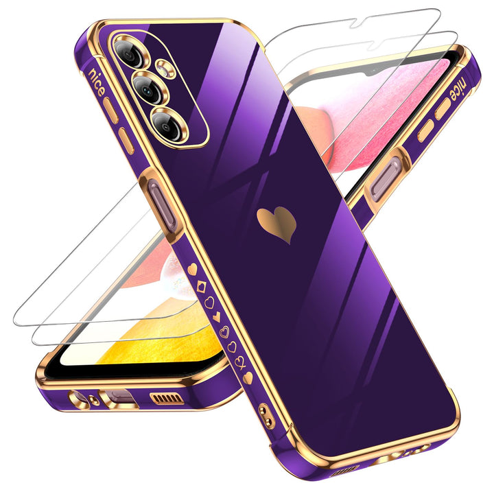 LeYi for Samsung Galaxy A15 5G Case: with Tempered Glass Screen Protector [2 Pcs]+ Full Camera Lens Protection,Love Heart Plating Girly Cute Luxury Shockproof Case, Cute Present for Mom, Dark Purple - DOKUTRONIX