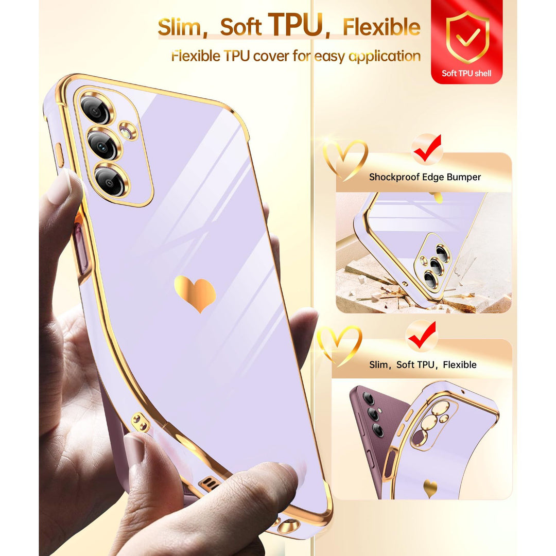 LeYi for Samsung Galaxy A15 5G Case: with Tempered Glass Screen Protector [2 Pcs]+ Full Camera Lens Protection,Love Heart Plating Girly Cute Luxury Shockproof Case, Cute Present for Mom, Dark Purple - DOKUTRONIX