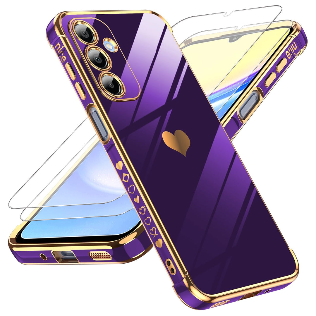LeYi for Samsung Galaxy A15 5G Case: with Tempered Glass Screen Protector [2 Pcs]+ Full Camera Lens Protection,Love Heart Plating Girly Cute Luxury Shockproof Case, Cute Present for Mom, Dark Purple - DOKUTRONIX