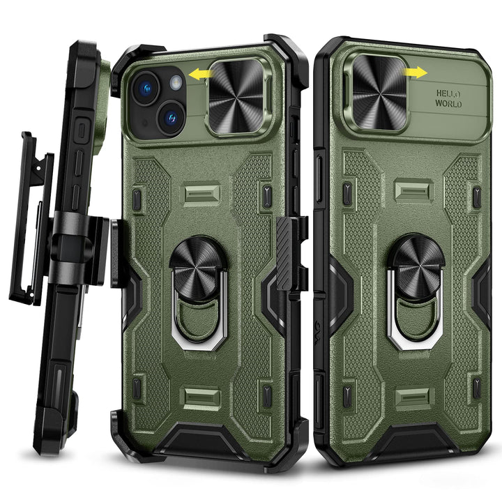 Caka iPhone 14 Plus Case – Belt-Clip Holster, Slide Camera Cover & 360° Stand (Green)