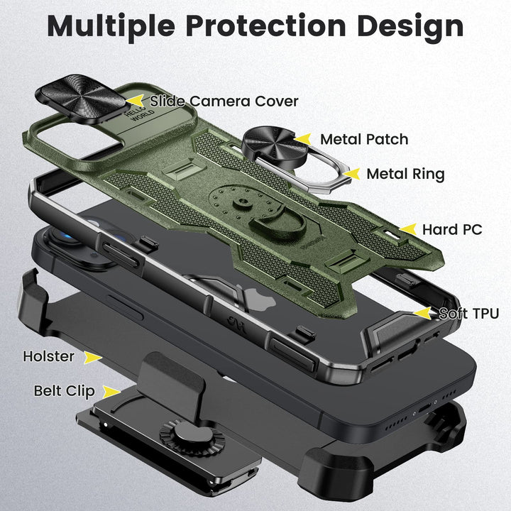 Caka iPhone 14 Plus Case – Belt-Clip Holster, Slide Camera Cover & 360° Stand (Green)