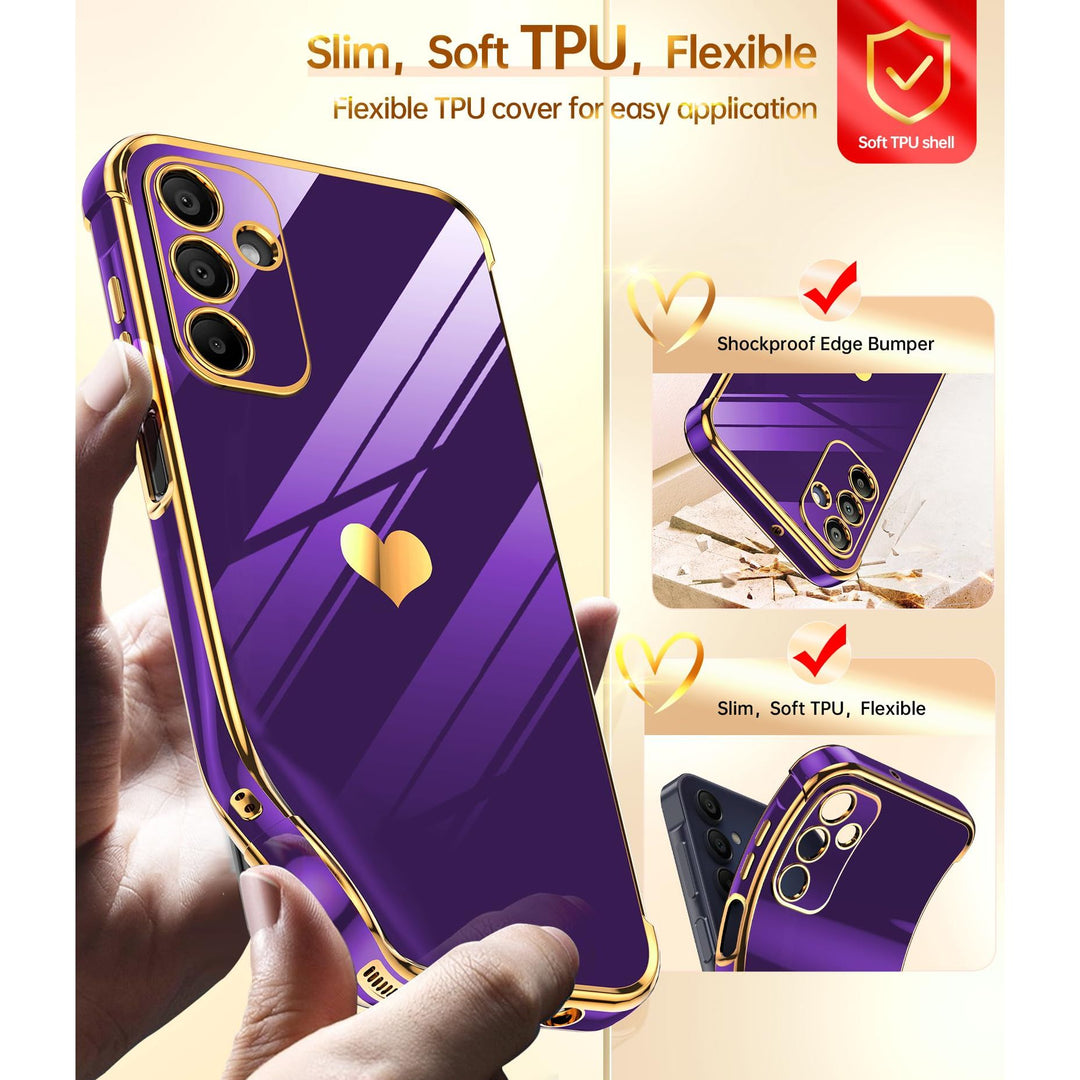 LeYi for Samsung Galaxy A15 5G Case: with Tempered Glass Screen Protector [2 Pcs]+ Full Camera Lens Protection,Love Heart Plating Girly Cute Luxury Shockproof Case, Cute Present for Mom, Dark Purple - DOKUTRONIX