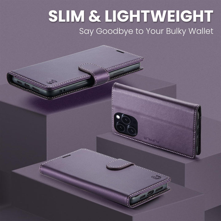 iPhone 16 Pro RFID Wallet Case - Purple Flip Cover