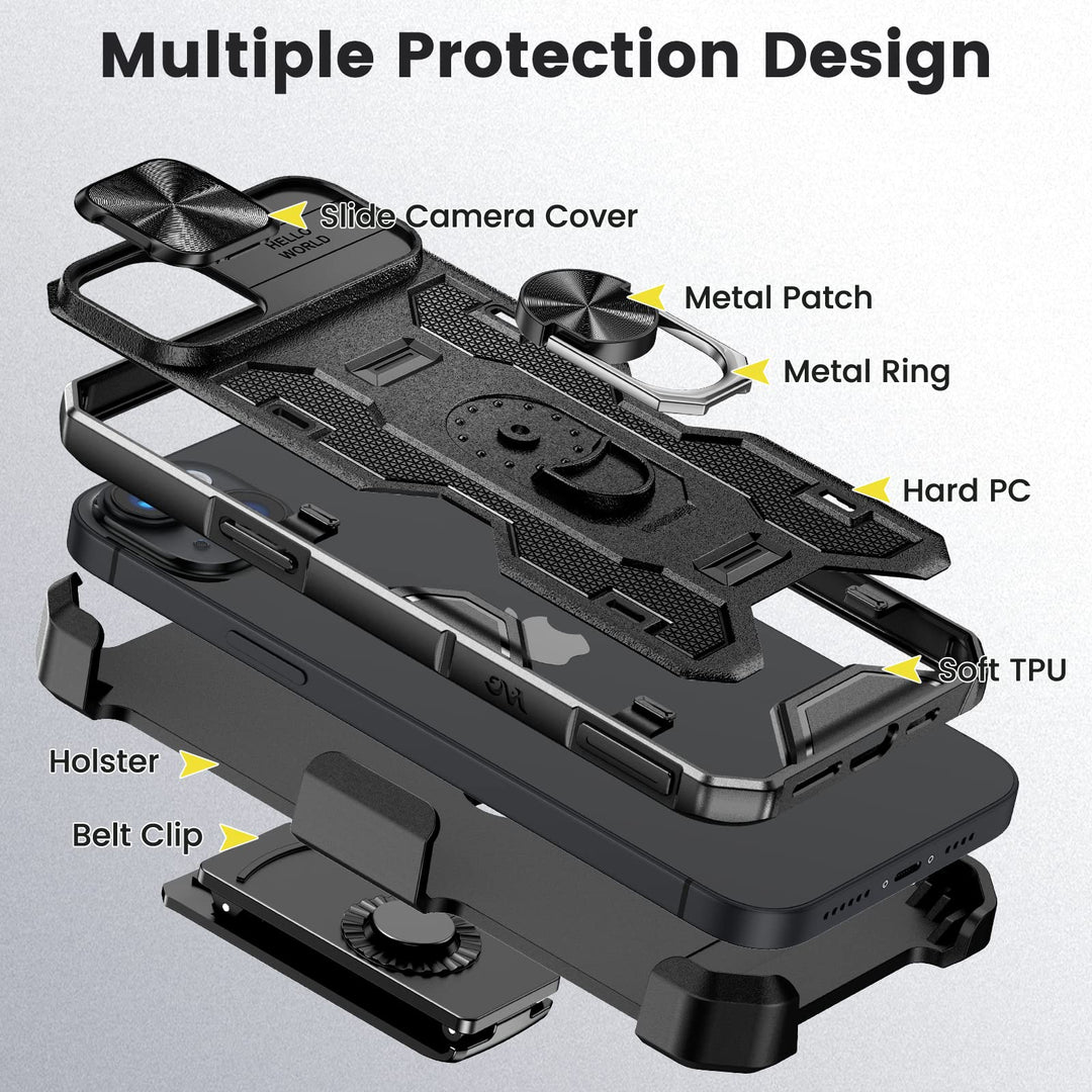 Caka iPhone 14 Plus Case – Belt-Clip Holster, Slide Camera Cover & 360° Stand (Green)