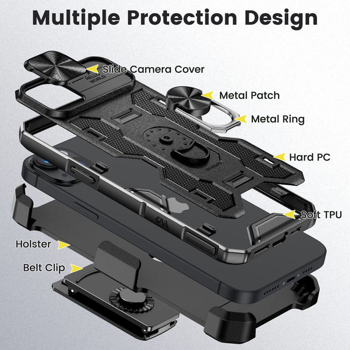Caka iPhone 14 Plus Case – Belt-Clip Holster, Slide Camera Cover & 360° Stand (Green)