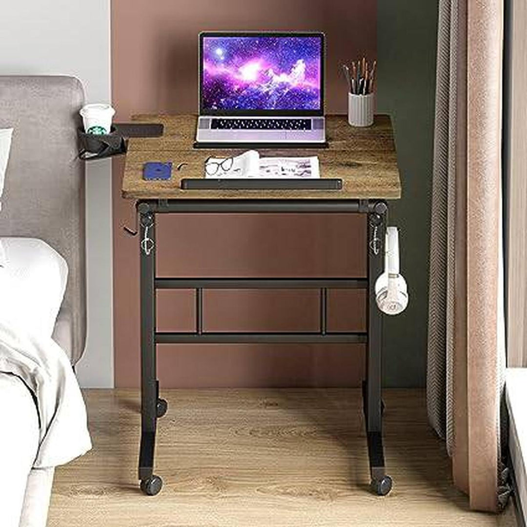 Rolling Oak Desk with Cup Holder - DOKUTRONIX