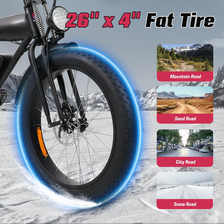 E2/K20 Electric Bike for Adults, 48V 13Ah/15Ah Battery, Up to 28 MPH & 46.6/60 Miles (PAS), 750/1000W Peak Ebike with All-Terrain 20"/26'' Fat Tires, UL Certified, Moped E-Bike - DOKUTRONIX