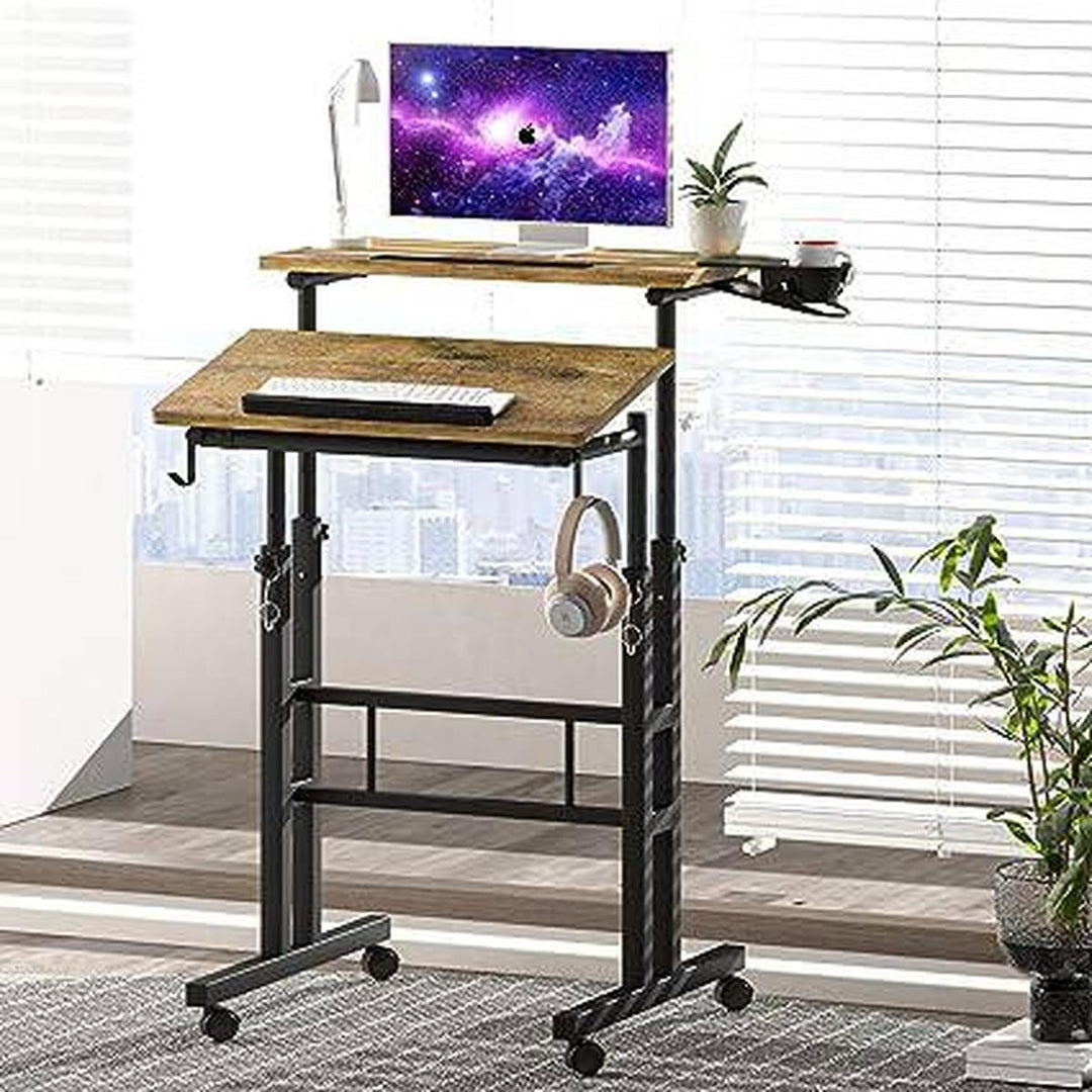 Rolling Oak Desk with Cup Holder - DOKUTRONIX