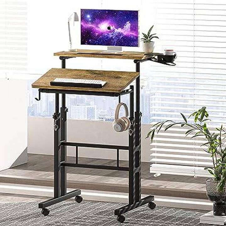 Rolling Oak Desk with Cup Holder - DOKUTRONIX