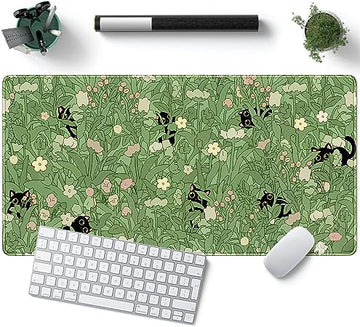 Cute Green Cat Mouse Pad XL - Plant and Cat Themed Desk Mat