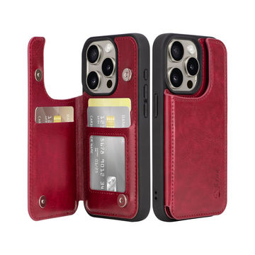 Arae iPhone 15 Pro Wallet Case - PU Leather Card Holder - Wine Red