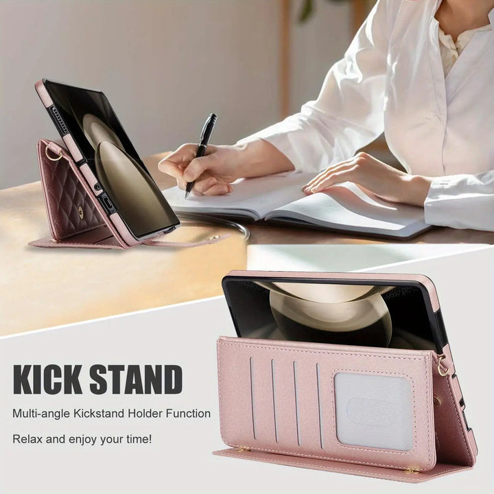 PU Leather Flip Wallet Case For Samsung Galaxy Z Fold 6 5 4 3 5G With Holder Crossbody Wrist Strap Card Slot Stand Phone Cover - DOKUTRONIX
