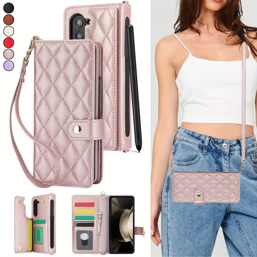 PU Leather Flip Wallet Case For Samsung Galaxy Z Fold 6 5 4 3 5G With Holder Crossbody Wrist Strap Card Slot Stand Phone Cover - DOKUTRONIX