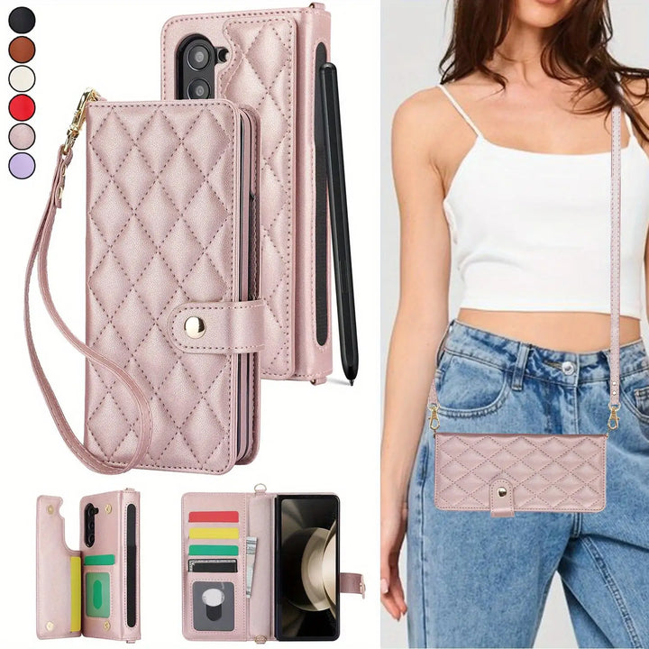 PU Leather Flip Wallet Case For Samsung Galaxy Z Fold 6 5 4 3 5G With Holder Crossbody Wrist Strap Card Slot Stand Phone Cover - DOKUTRONIX