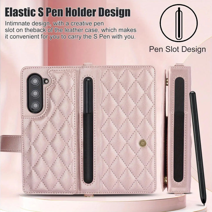 PU Leather Flip Wallet Case For Samsung Galaxy Z Fold 6 5 4 3 5G With Holder Crossbody Wrist Strap Card Slot Stand Phone Cover - DOKUTRONIX