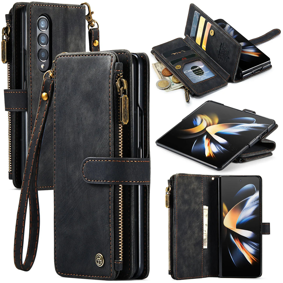 for Samsung Galaxy Z Fold 3/4 Wallet Case,Durable PU Leather Magnetic Wallet Flip Lanyard Strap Wristlet Zipper Card Holder Case - DOKUTRONIX