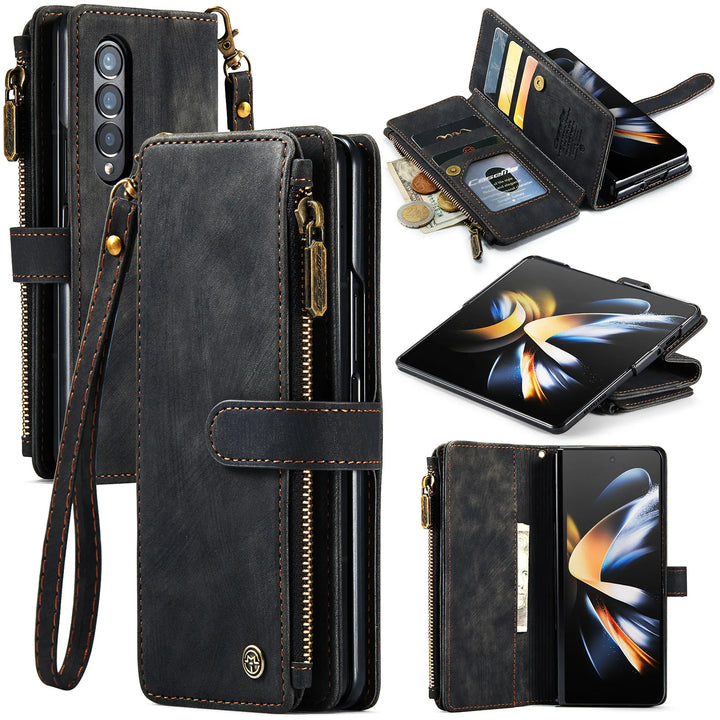 for Samsung Galaxy Z Fold 3/4 Wallet Case,Durable PU Leather Magnetic Wallet Flip Lanyard Strap Wristlet Zipper Card Holder Case - DOKUTRONIX