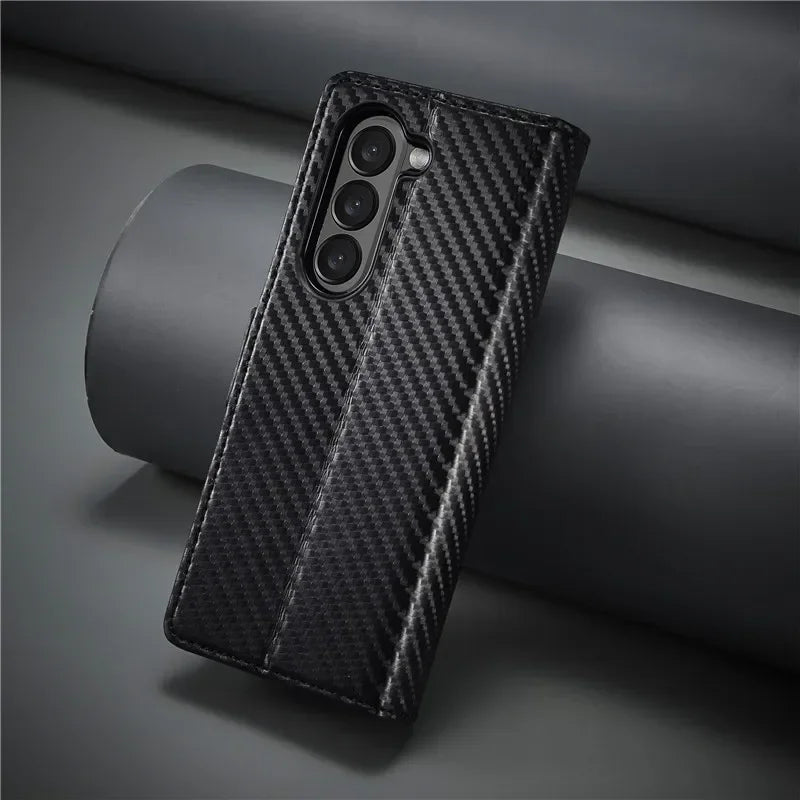 PU Carbon Fiber Leather Wallet Phone Case For Samsung Galaxy Z Fold 6 5 4 3 Magnetic Flip Book Holder Cover For Galaxy Z Fold6 - DOKUTRONIX
