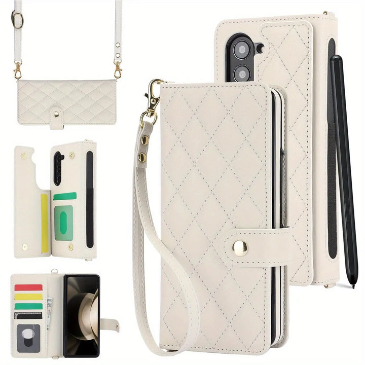 PU Leather Flip Wallet Case For Samsung Galaxy Z Fold 6 5 4 3 5G With Holder Crossbody Wrist Strap Card Slot Stand Phone Cover - DOKUTRONIX