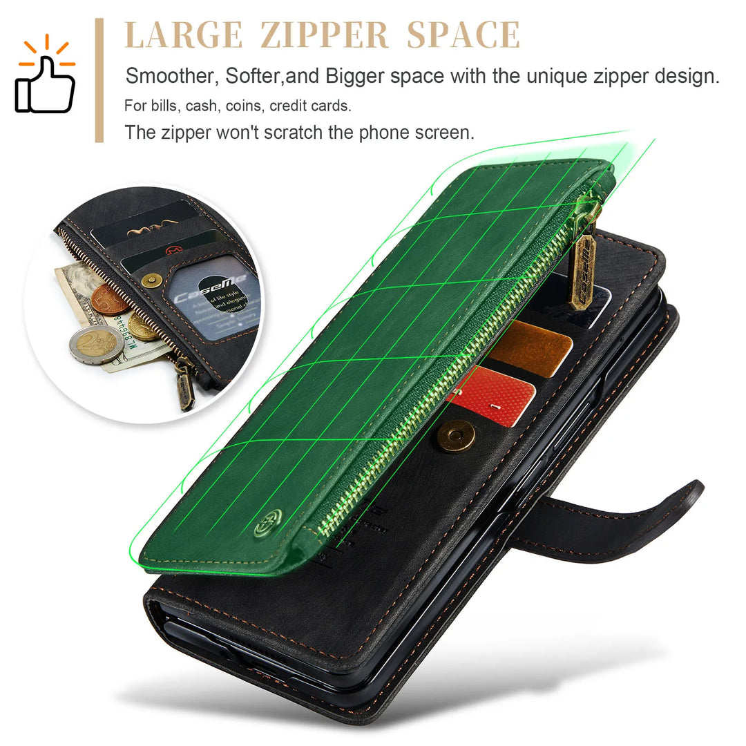 for Samsung Galaxy Z Fold 3/4 Wallet Case,Durable PU Leather Magnetic Wallet Flip Lanyard Strap Wristlet Zipper Card Holder Case - DOKUTRONIX