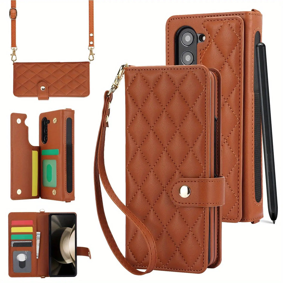 PU Leather Flip Wallet Case For Samsung Galaxy Z Fold 6 5 4 3 5G With Holder Crossbody Wrist Strap Card Slot Stand Phone Cover - DOKUTRONIX