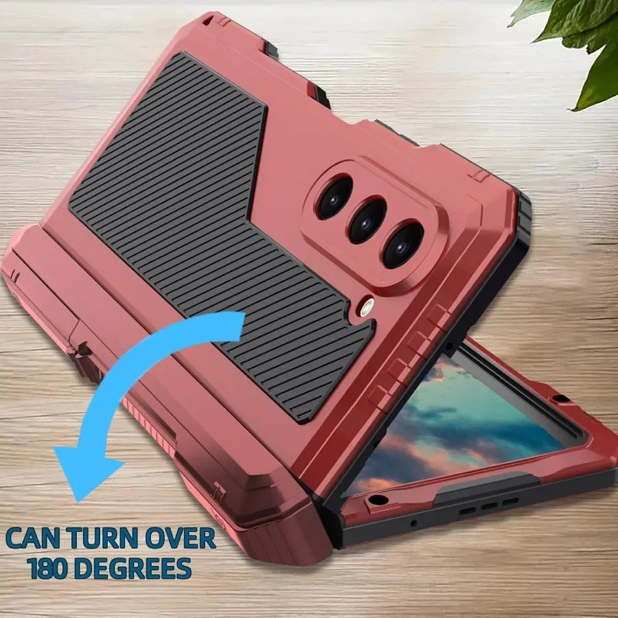 3 Layers Heavy Duty Metal Phone Case For Samsung Z Fold 6 5 4 Shockproof Aluminium Silicone Cover With Stand Screen Soft Film - DOKUTRONIX