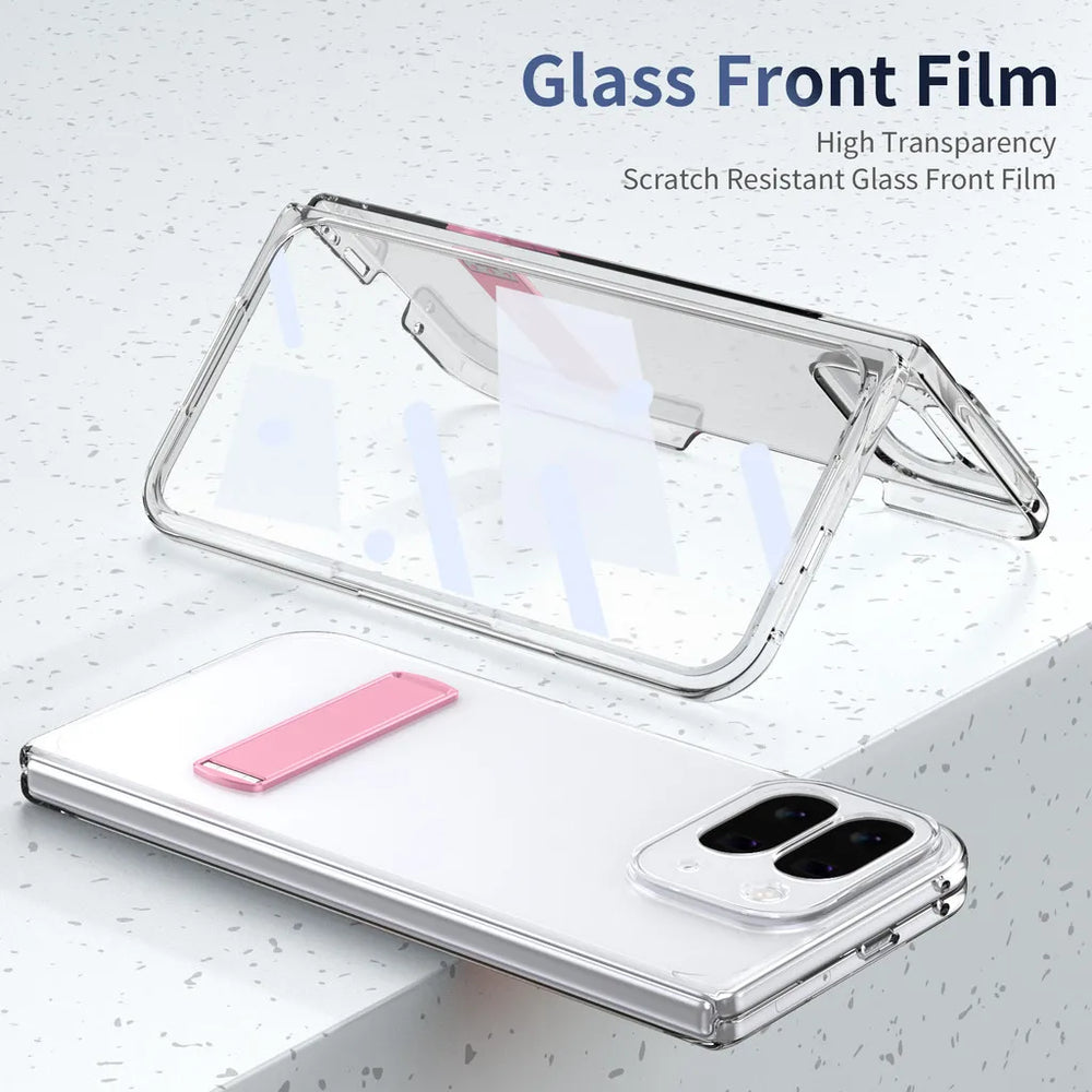 Kickstand Clear Steel Film Phone Case For Google Pixel 10 Pro Fold Transparent Shockproof Bumper Folding Phone Back Cover - DOKUTRONIX