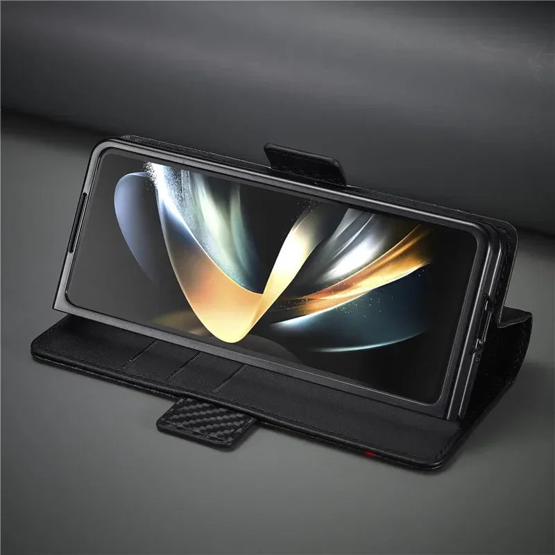 PU Carbon Fiber Leather Wallet Phone Case For Samsung Galaxy Z Fold 6 5 4 3 Magnetic Flip Book Holder Cover For Galaxy Z Fold6 - DOKUTRONIX