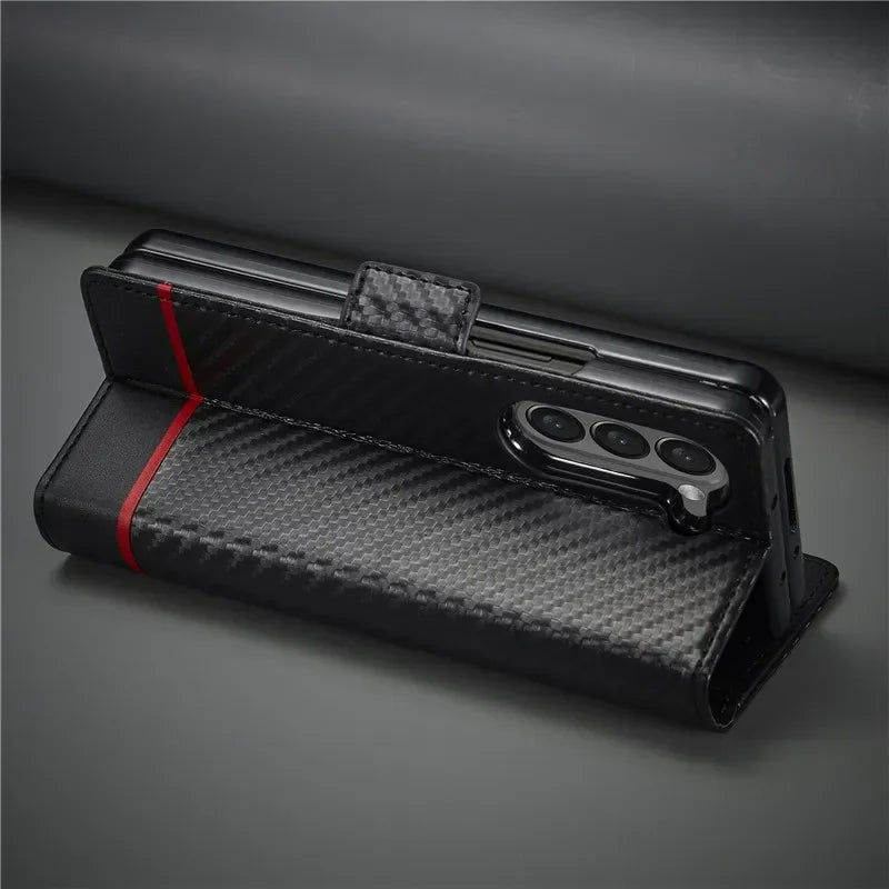 PU Carbon Fiber Leather Wallet Phone Case For Samsung Galaxy Z Fold 6 5 4 3 Magnetic Flip Book Holder Cover For Galaxy Z Fold6 - DOKUTRONIX