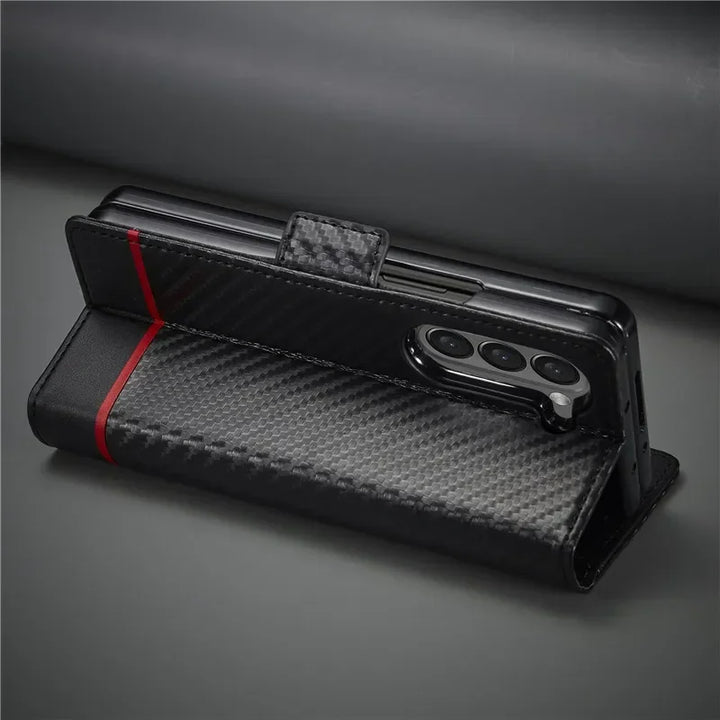 PU Carbon Fiber Leather Wallet Phone Case For Samsung Galaxy Z Fold 6 5 4 3 Magnetic Flip Book Holder Cover For Galaxy Z Fold6 - DOKUTRONIX