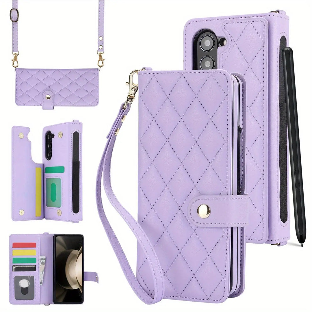PU Leather Flip Wallet Case For Samsung Galaxy Z Fold 6 5 4 3 5G With Holder Crossbody Wrist Strap Card Slot Stand Phone Cover - DOKUTRONIX