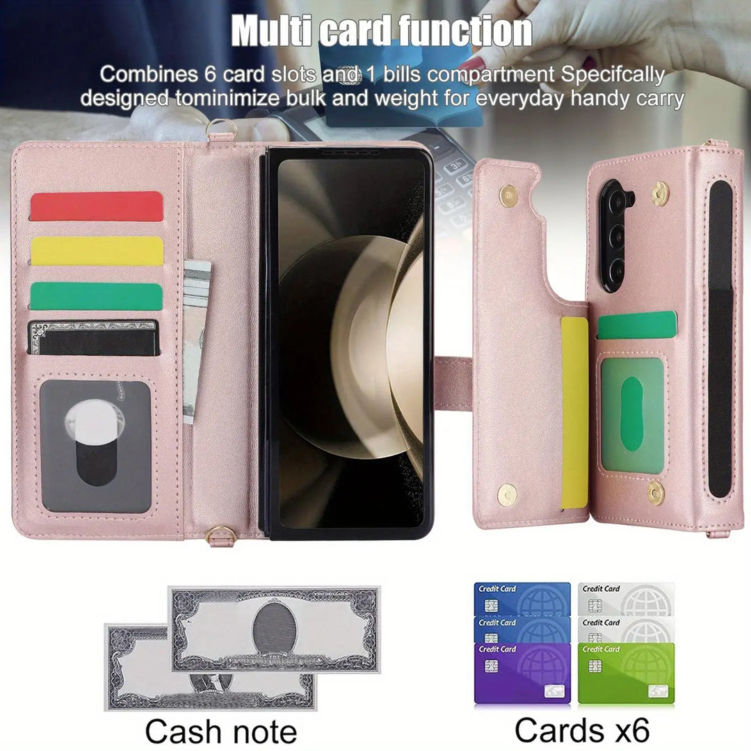 PU Leather Flip Wallet Case For Samsung Galaxy Z Fold 6 5 4 3 5G With Holder Crossbody Wrist Strap Card Slot Stand Phone Cover - DOKUTRONIX