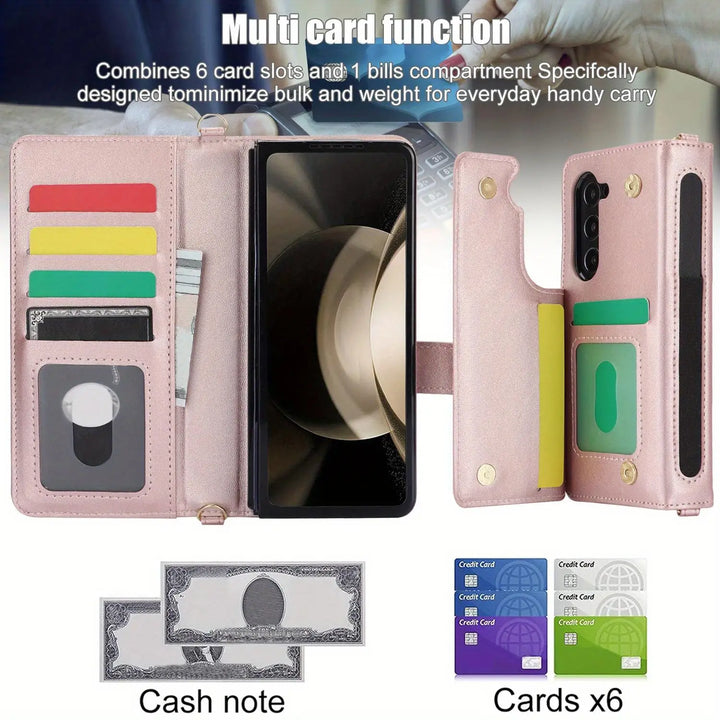 PU Leather Flip Wallet Case For Samsung Galaxy Z Fold 6 5 4 3 5G With Holder Crossbody Wrist Strap Card Slot Stand Phone Cover - DOKUTRONIX