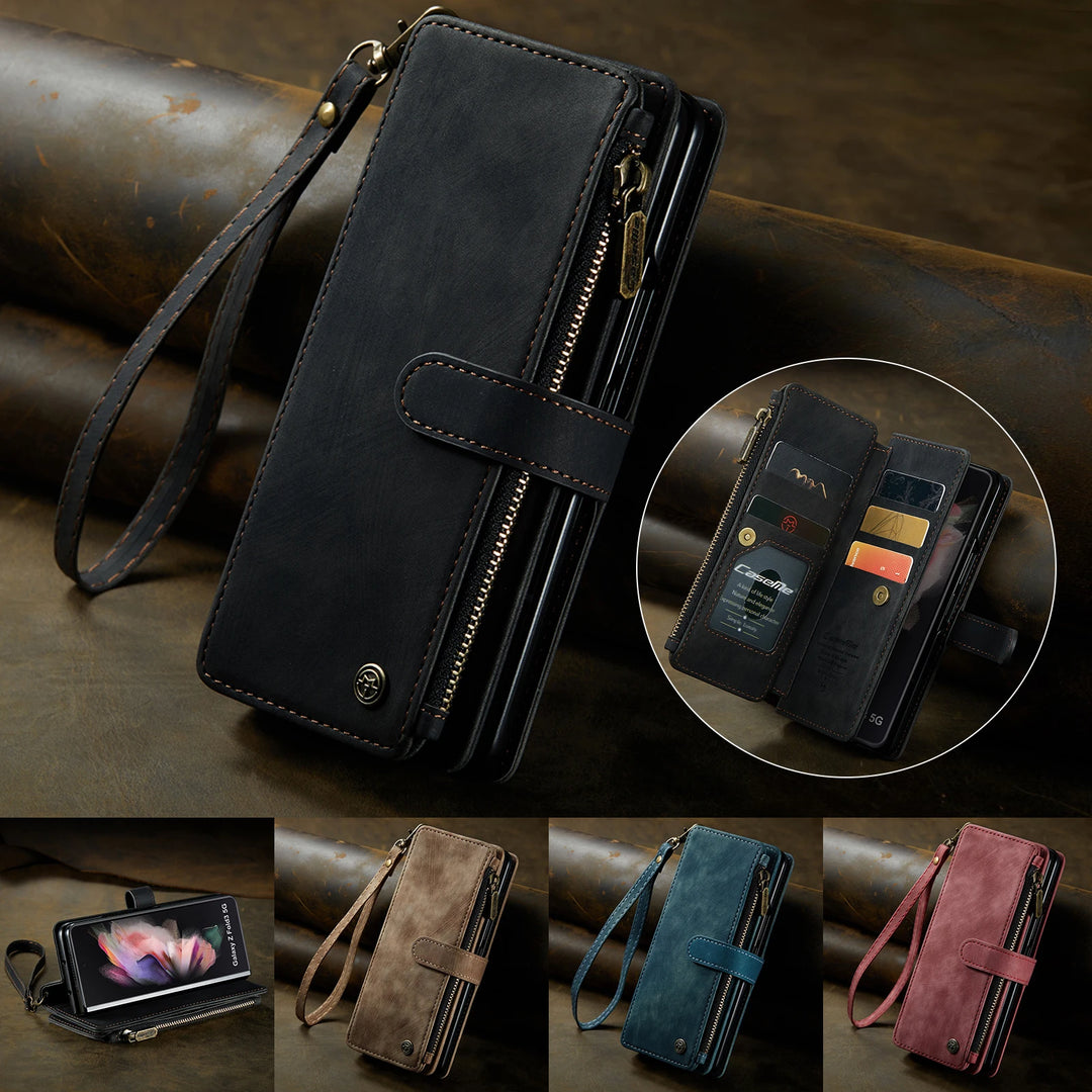 for Samsung Galaxy Z Fold 3/4 Wallet Case,Durable PU Leather Magnetic Wallet Flip Lanyard Strap Wristlet Zipper Card Holder Case - DOKUTRONIX