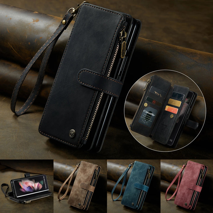 for Samsung Galaxy Z Fold 3/4 Wallet Case,Durable PU Leather Magnetic Wallet Flip Lanyard Strap Wristlet Zipper Card Holder Case - DOKUTRONIX